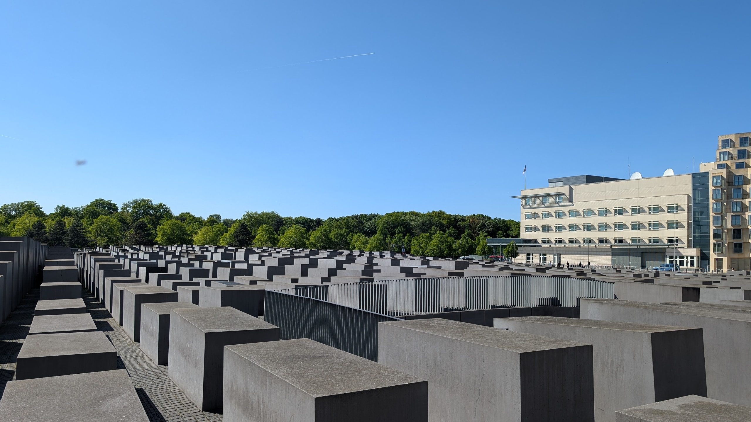 The field of grey concrete slabs at the Memorial to the Murdered Jews of Europe seen from the edge, rows running away across a sloping block toward trees and city buildings