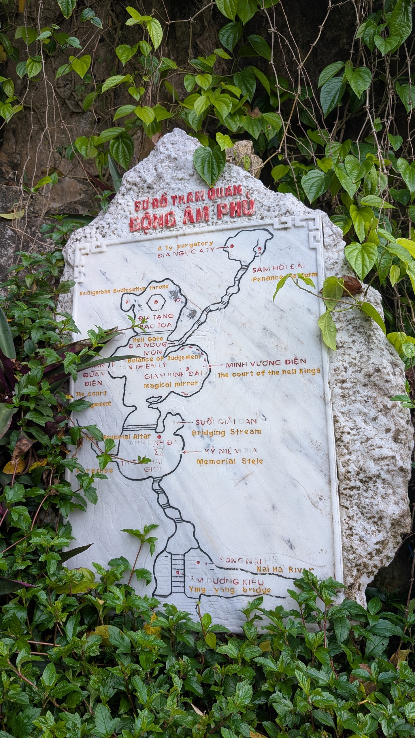 A carved marble sign in Vietnamese and English mapping Am Phu cave, with rooms labelled Hell Gate, the court of the hell kings, Magical mirror, Balance of Judgement and Ying-yang bridge, surrounded by green leaves