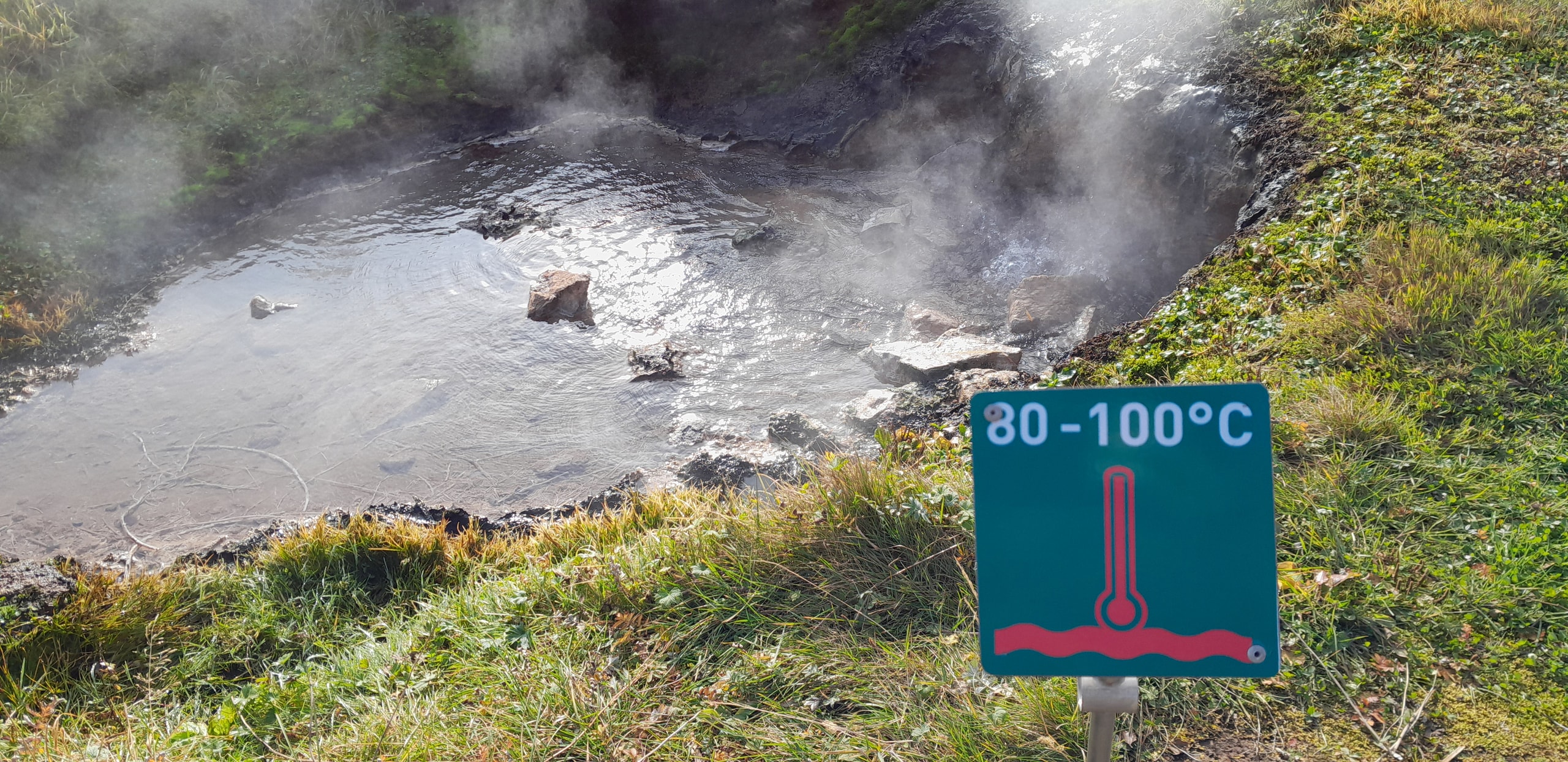 Teal warning sign reading 80-100°C beside a steaming natural hot pool in a grassy geothermal area