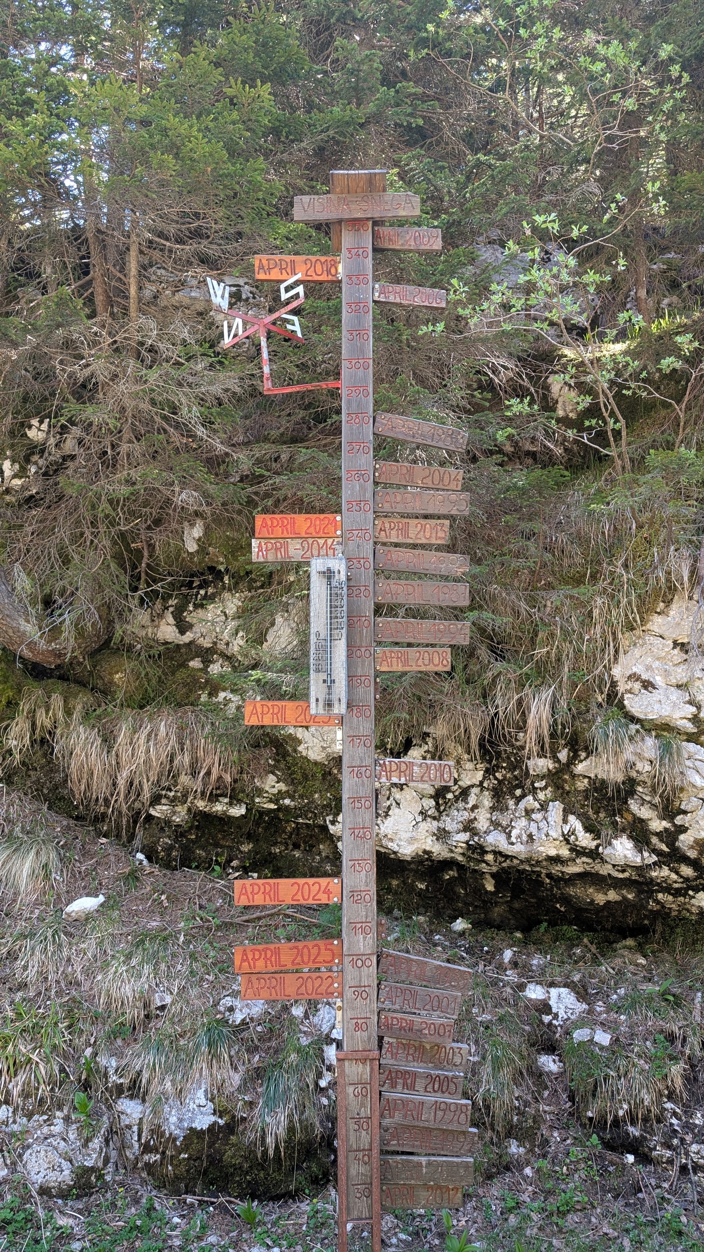 Tall wooden Višina snega snow-depth post with red centimetre marks and yearly April tags beside a limestone bank
