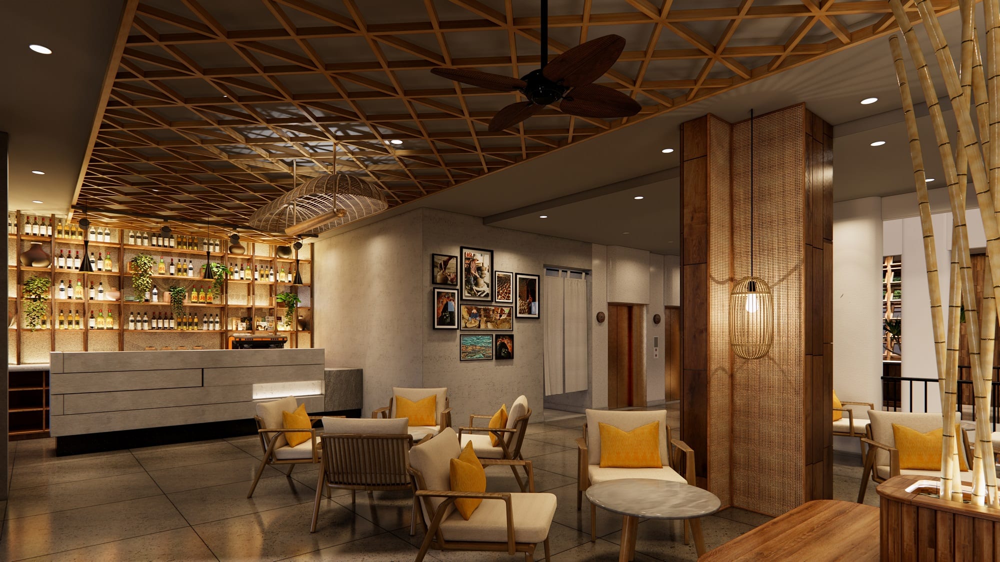 Lobby lounge at Little Gem Hoi An with wooden furniture, warm lighting, and open views toward the garden