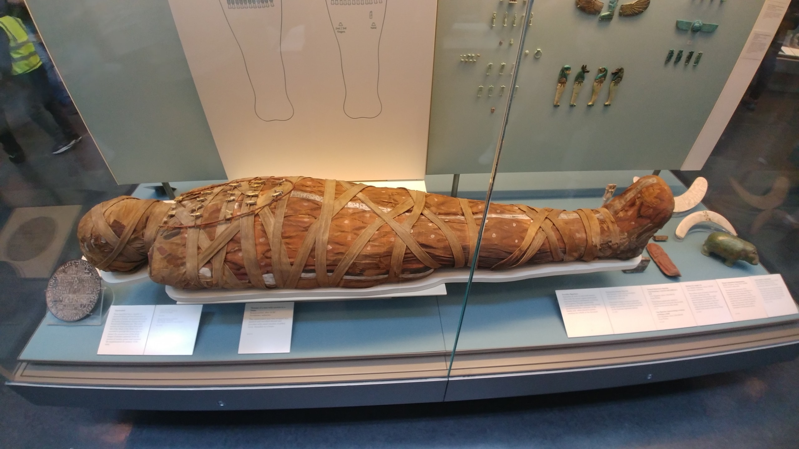 A mummy wrapped in criss-crossing strips of brown linen lying in a glass case in the British Museum, with small amulets and a green stone figure laid out beside it