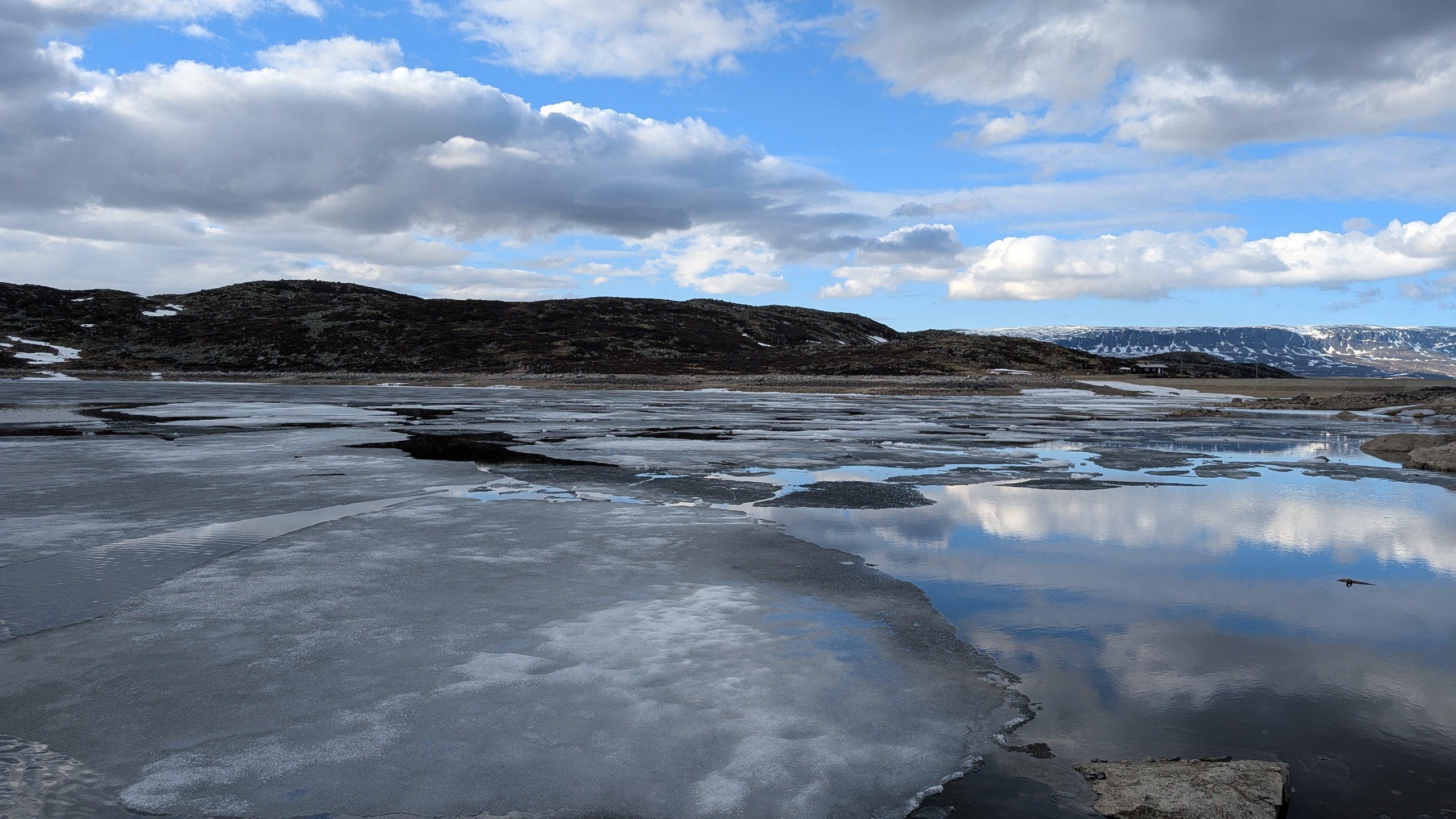 A partially frozen mountain lake reflecting clouds with rocky tundra shores and snow patches under a blue sky