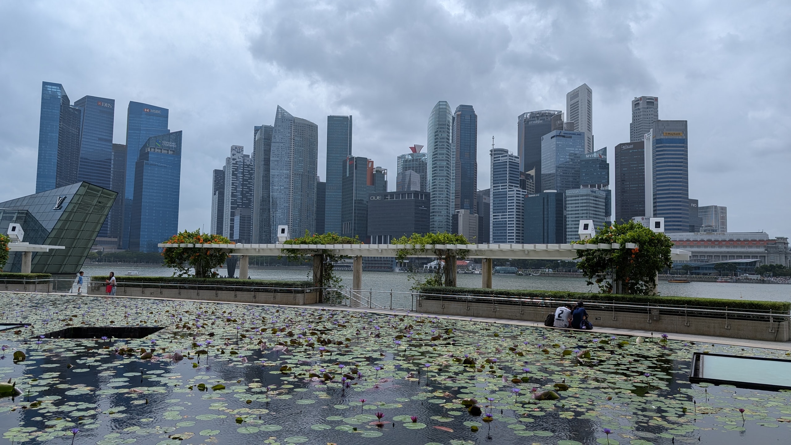 The Singapore financial district skyline seen across a lily pond on a grey overcast morning at Marina Bay