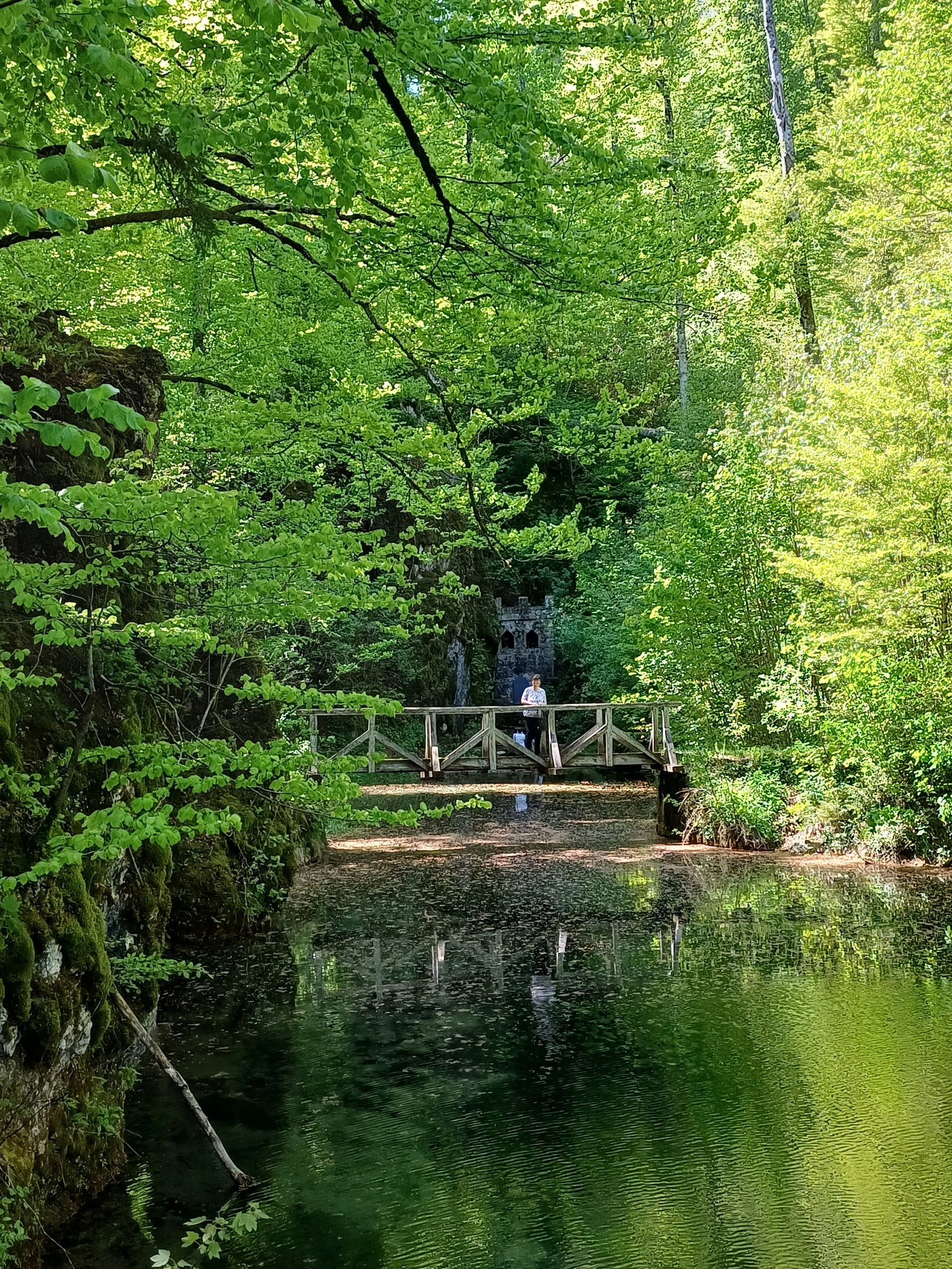 A person in white crossing a wooden footbridge on timber trestles over dark green pond water between mossy banks