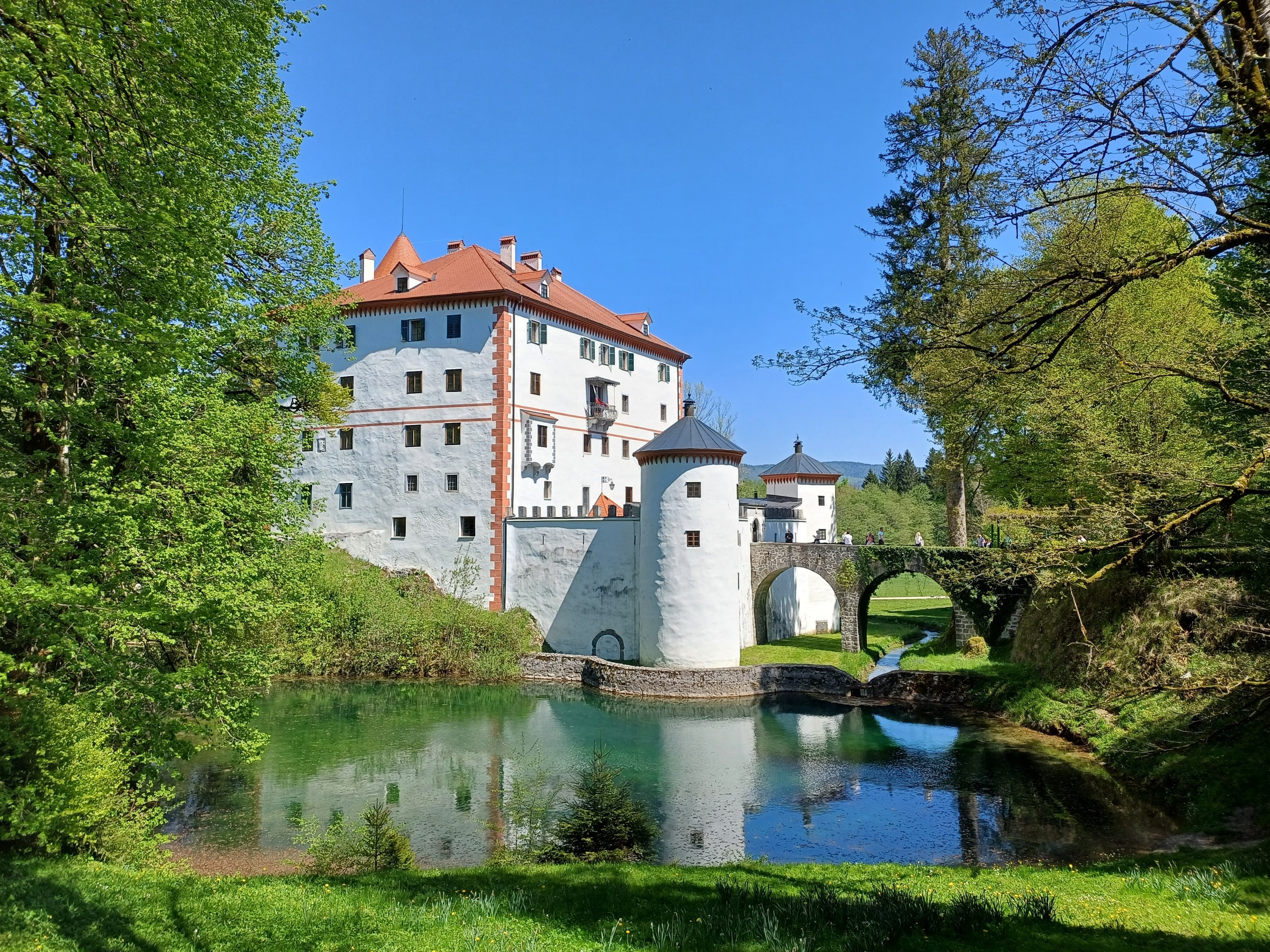 White Snežnik Castle with a red roof reflected in a spring-fed pond, with a stone arch bridge to the gate
