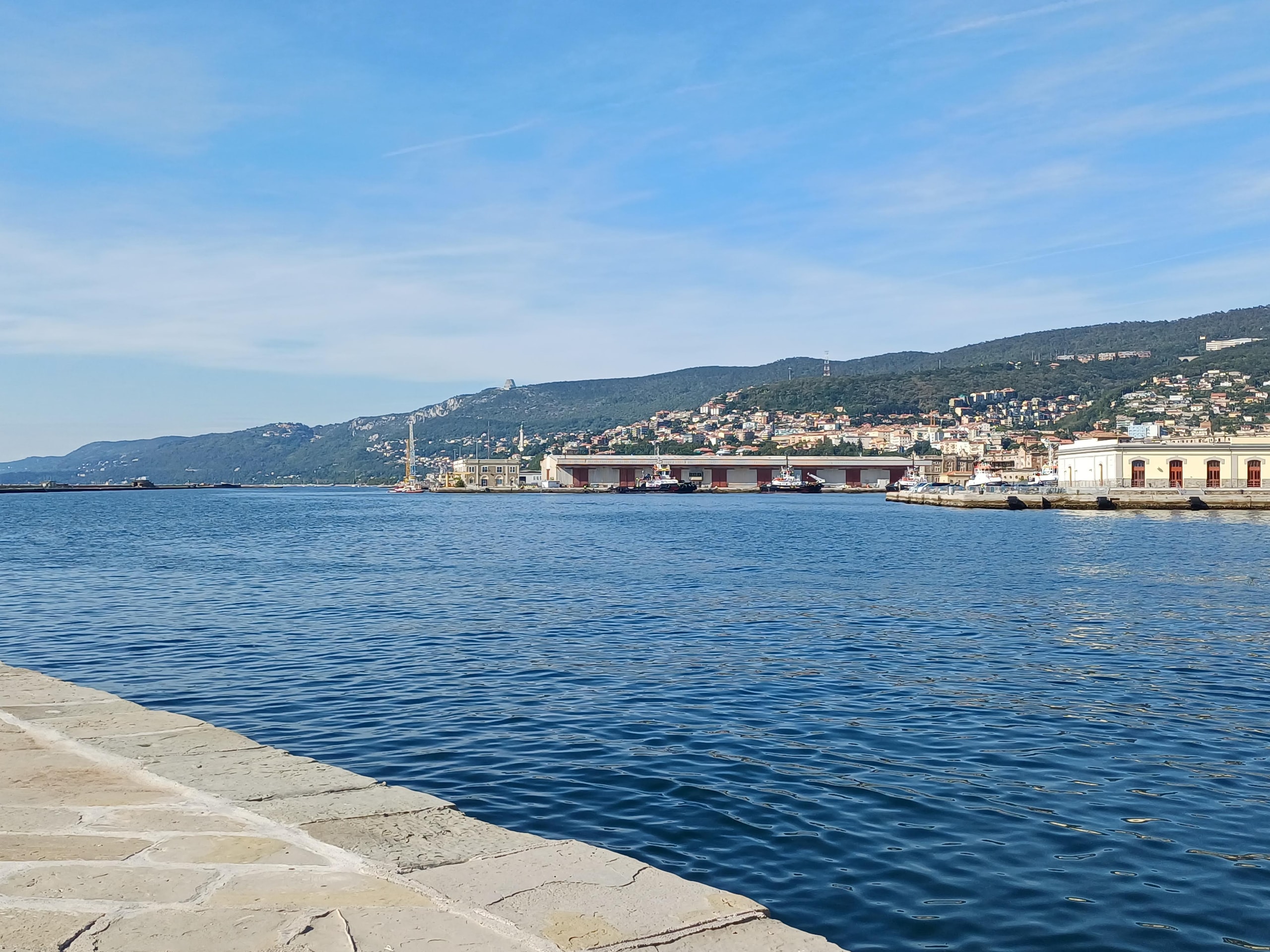 Calm blue water in Trieste's harbour with tugboats at a long port warehouse, houses climbing the hillside, the Victory Lighthouse on the slope and white Karst cliffs above